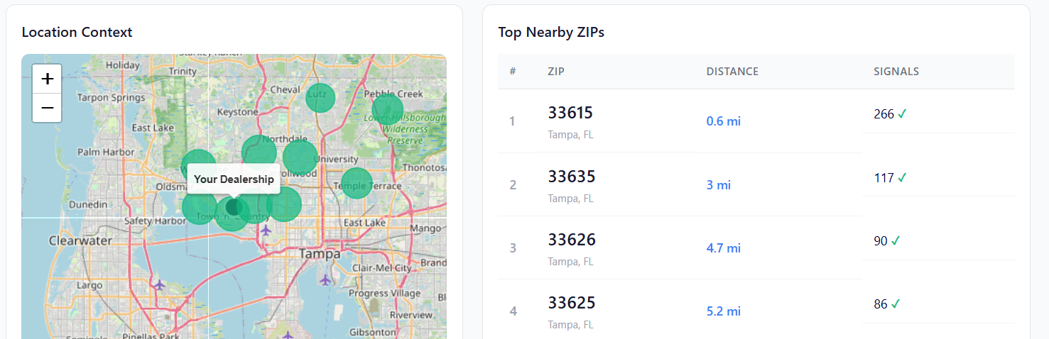 Location context map and top nearby ZIPs
